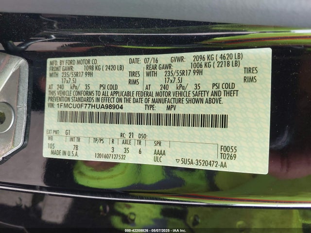 1FMCU0F77HUA98904 Ford ESCAPE S