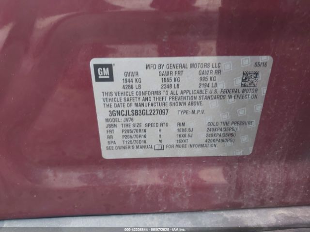 3GNCJLSB3GL227097 Chevrolet Trax Lt