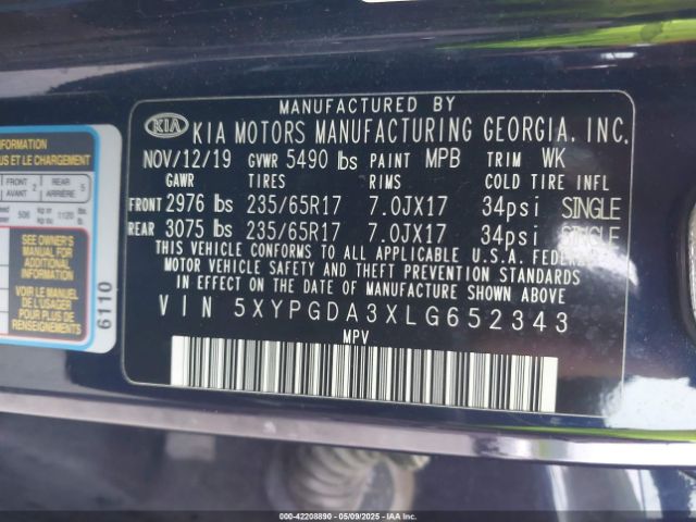5XYPGDA3XLG652343 KIA Sorento 2.4l Lx