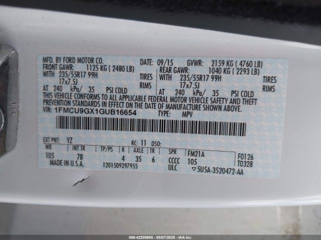 1FMCU9GX1GUB16654 Ford ESCAPE SE