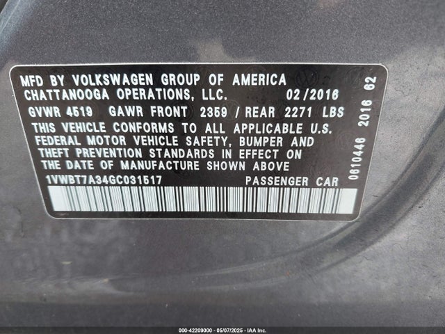 1VWBT7A34GC031517 Volkswagen Passat 1.8t Se