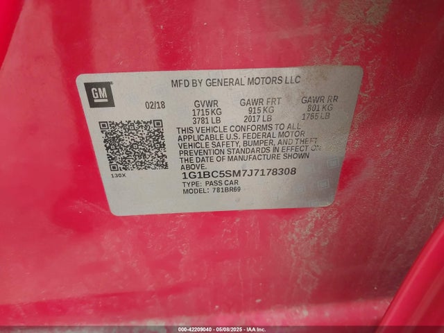 1G1BC5SM7J7178308 Chevrolet le2 -di: direct injection, vvt: variable valve timing, gen, alum