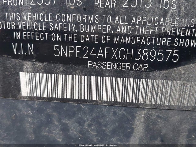 5NPE24AFXGH389575 Hyundai SONATA SE