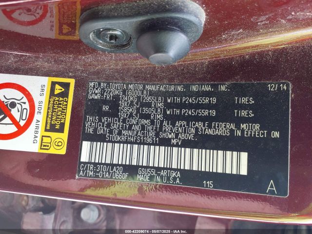5TDDKRFH4FS119611 Toyota Highlander Limited V6