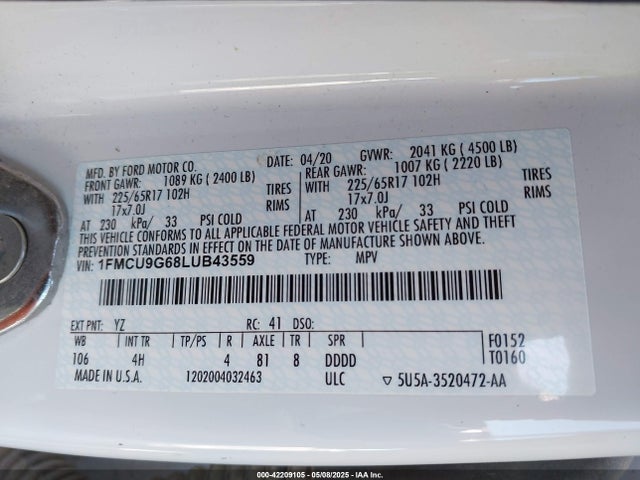 1FMCU9G68LUB43559 Ford 2020