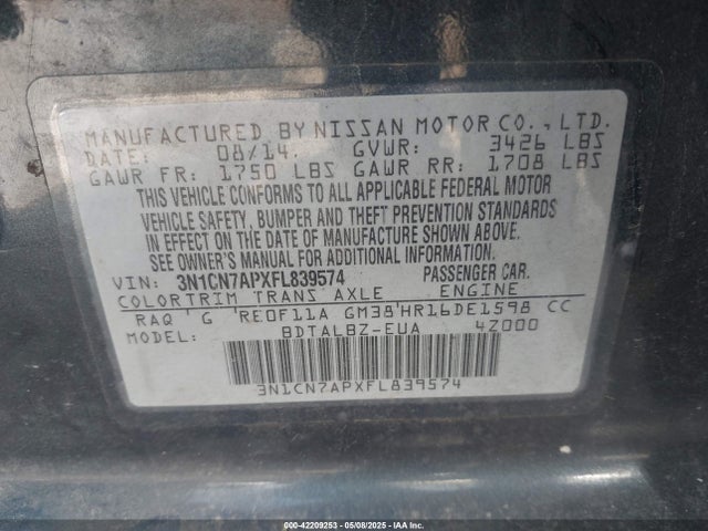 3N1CN7APXFL839574 Nissan Versa 1.6 S/1.6 S+/1.6 Sl/1.6 Sv