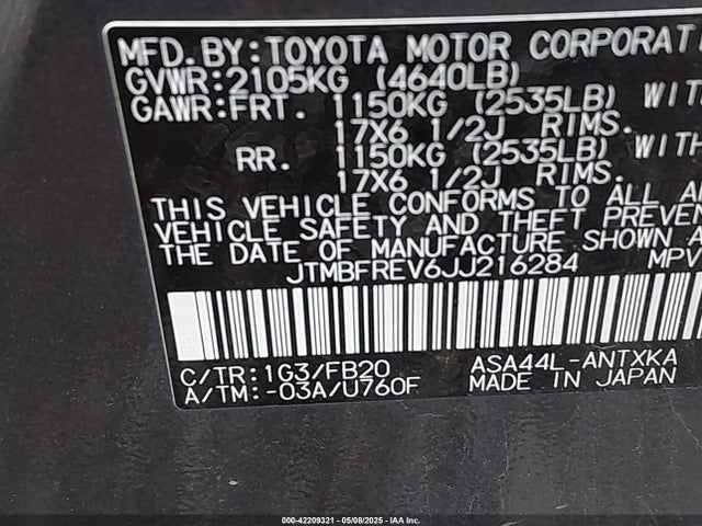 JTMBFREV6JJ216284 Toyota RAV4 LE