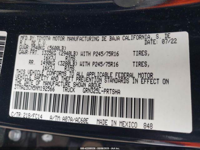 3TMAZ5CN5NM192566 Toyota Tacoma Sr5 V6