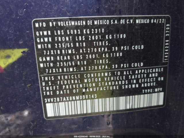 3VV2B7AX8NM098143 Volkswagen Tiguan 2.0t Se