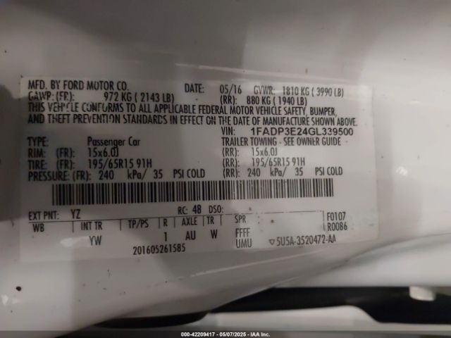 1FADP3E24GL339500 Ford FOCUS S