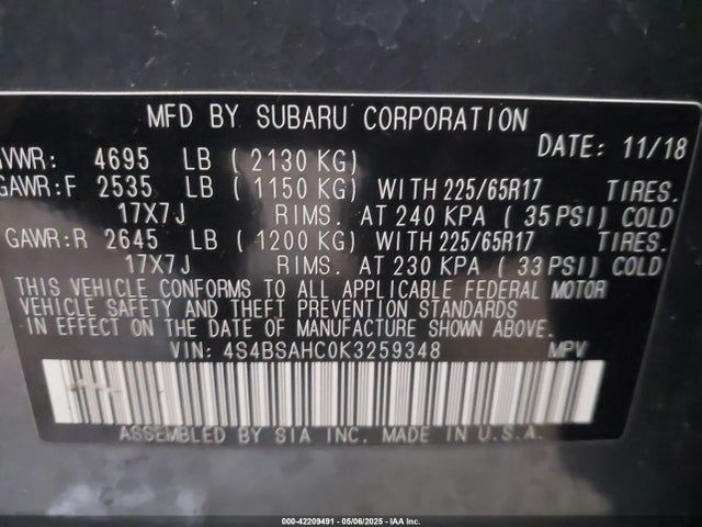 4S4BSAHC0K3259348 Subaru Outback 2.5i Premium
