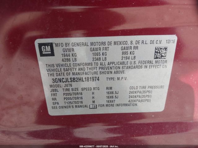 3GNCJLSB2HL181974 Chevrolet Trax Lt