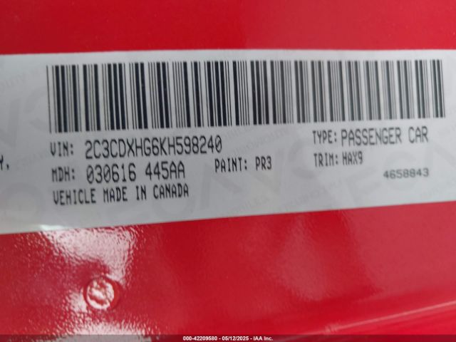2C3CDXHG6KH598240 Dodge Charger Gt Rwd