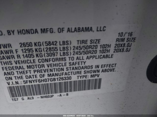 5FNYF6H07GB126330 Honda Pilot Elite
