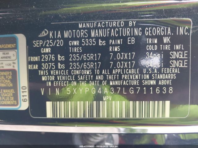 5XYPG4A37LG711638 KIA Sorento 2.4l L