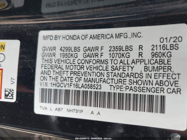 2020 HONDA ACCORD 1HGCV1F16LA058523 Photo 8