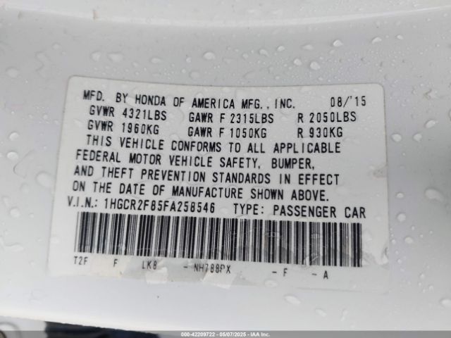 1HGCR2F85FA258546 Honda Accord Ex-l