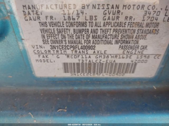 3N1CE2CP9FL400902 Nissan Versa Note S (sr)/s Plus/sl/sr/sv