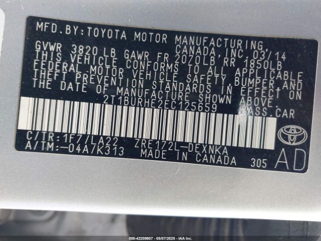 2T1BURHE2EC125659 Toyota Corolla Le Premium