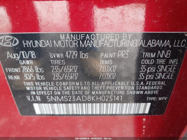 5NMS23AD8KH025141 Hyundai Santa Fe Se