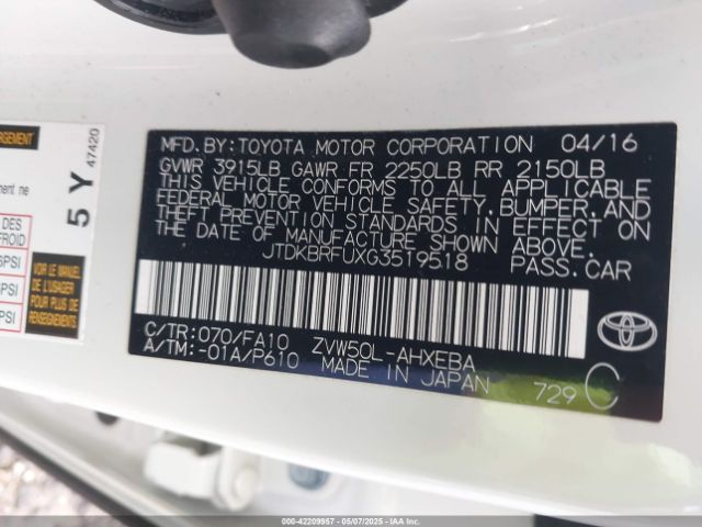JTDKBRFUXG3519518 Toyota Prius Two