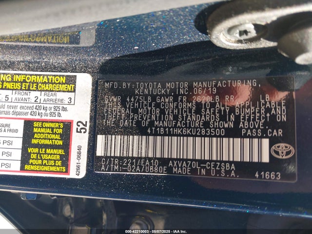 4T1B11HK6KU283500 Toyota CAMRY SE