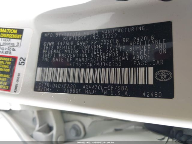 2022 TOYOTA CAMRY 4T1G11AK7NU040153 Photo 8