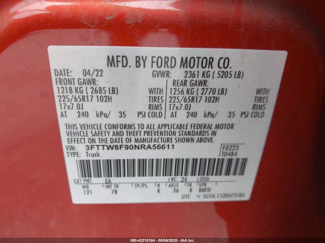 3FTTW8F90NRA56611 Ford Maverick Xlt