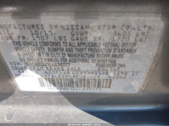3N1CN8DV1LL834727 Nissan Versa S Xtronic Cvt