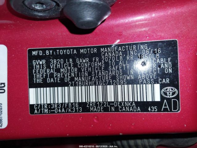 2T1BURHEXGC712095 Toyota COROLLA LE