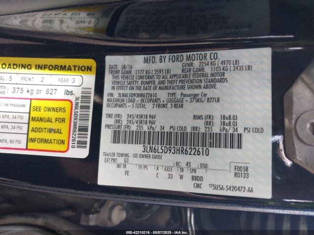 3LN6L5D93HR622610 Lincoln MKZ SELECT