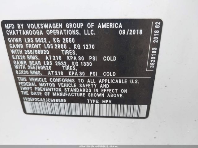 1V2EP2CA2JC598589 Volkswagen Atlas 2.0t Sel