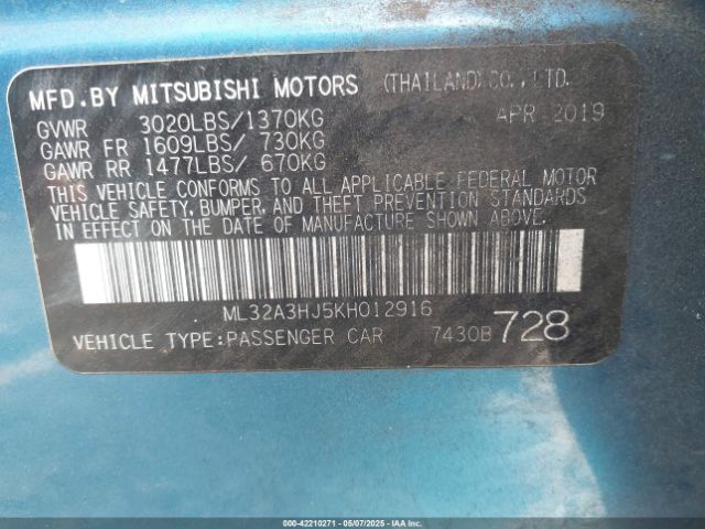 ML32A3HJ5KH012916 Mitsubishi MIRAGE ES
