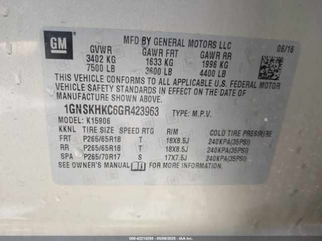 1GNSKHKC6GR423963 Chevrolet Suburban Lt