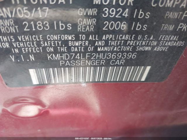 KMHD74LF2HU369396 Hyundai ELANTRA SE