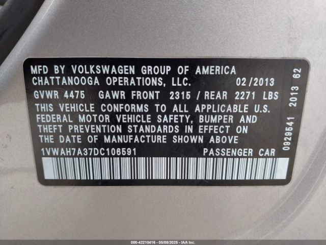 2013 VOLKSWAGEN PASSAT 1VWAH7A37DC106591 Photo 8