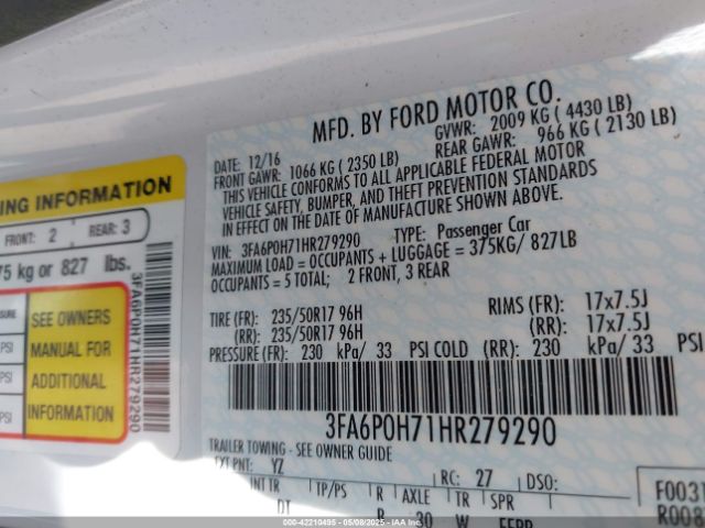 3FA6P0H71HR279290 Ford FUSION SE