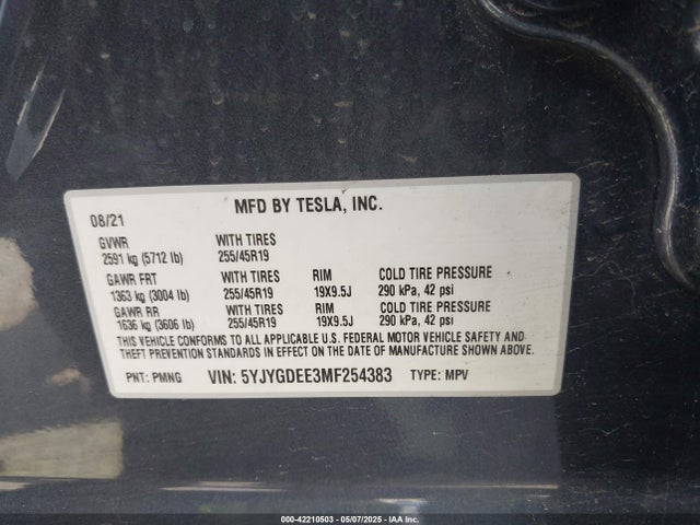 2021 TESLA MODEL Y 5YJYGDEE3MF254383 Photo 8