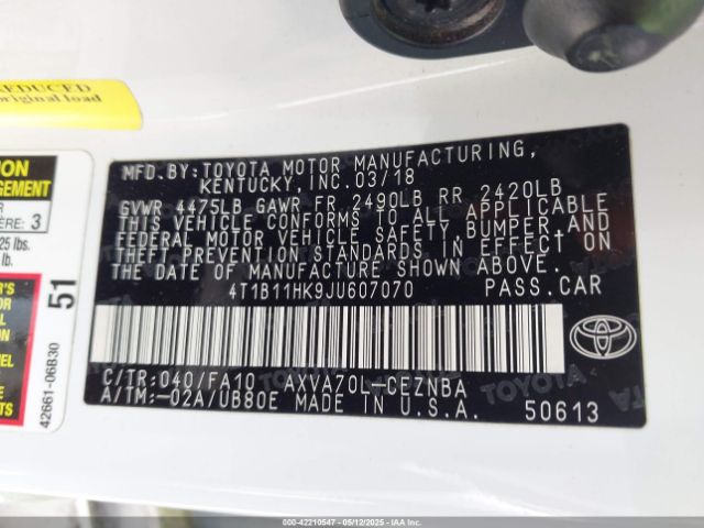 4T1B11HK9JU607070 Toyota CAMRY LE
