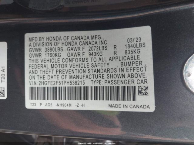 2HGFE2F51PH536215 Honda Civic Sport