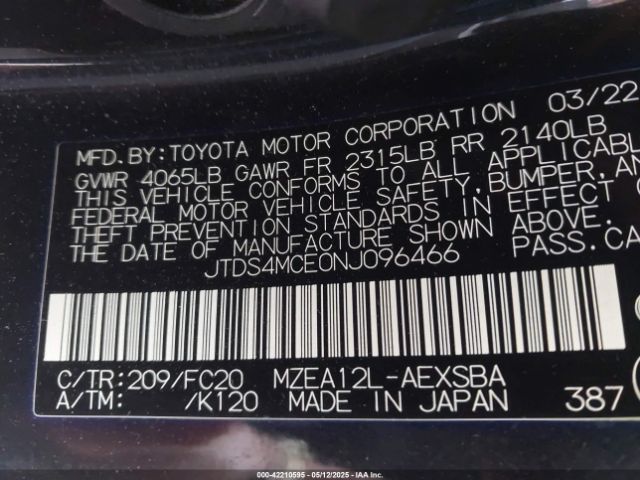 JTDS4MCE0NJ096466 Toyota COROLLA SE