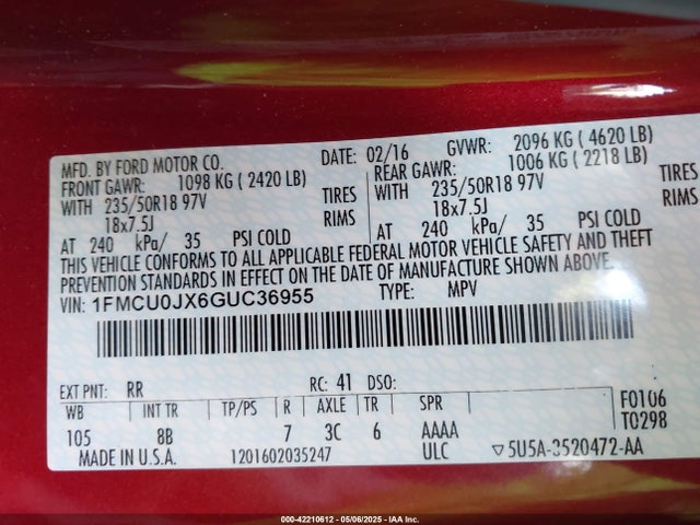 1FMCU0JX6GUC36955 Ford Escape