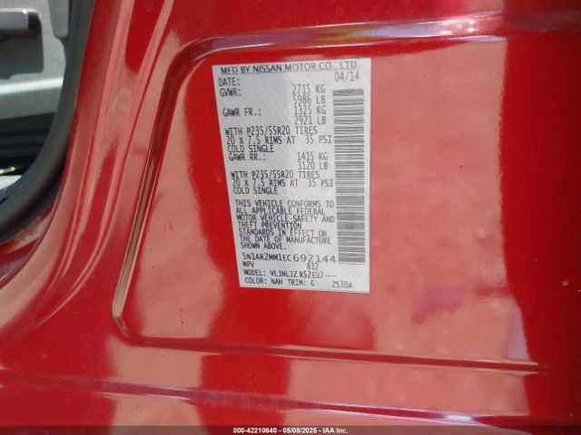 5N1AR2MM1EC692144 Nissan Pathfinder Platinum