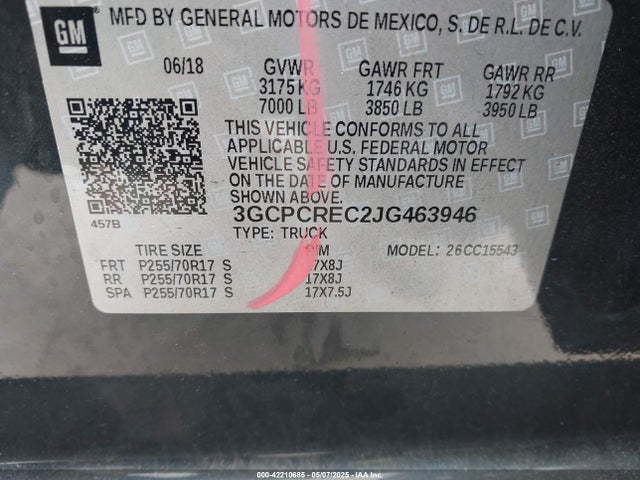 3GCPCREC2JG463946 Chevrolet l83 - sidi: spark ignited direct injection, vvt: variable valve timing, afm, e85 max, alum
