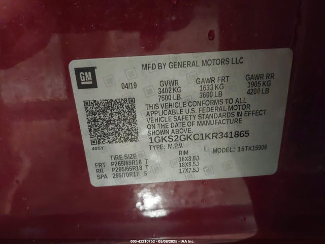 1GKS2GKC1KR341865 GMC Yukon Xl Slt