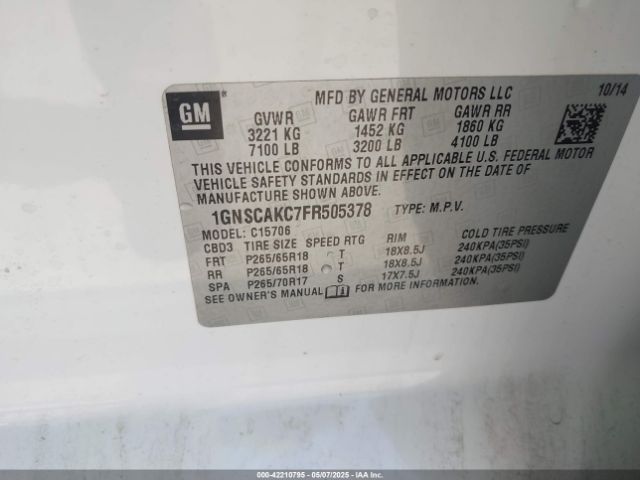 1GNSCAKC7FR505378 Chevrolet Tahoe Ls