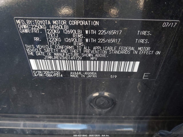 JTMRJREV3HD149729 Toyota 2ar-fxe, 2jm+2fm