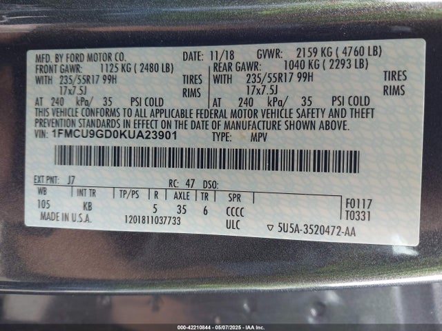 Ford ESCAPE SE 2019 1FMCU9GD0KUA23901 Image 9