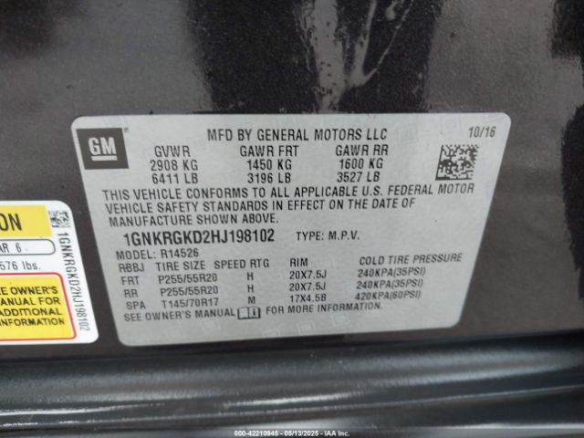 1GNKRGKD2HJ198102 Chevrolet Traverse 1lt