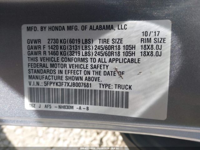 5FPYK3F7XJB007681 Honda Ridgeline Rtl-e